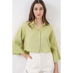 Çizgili Oversize Kısa Gömlek 20326 - E.Yeşil