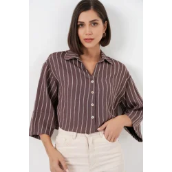 Çizgili Oversize Kısa Gömlek 20326 - Kahverengi