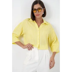Çizgili Oversize Kısa Gömlek 20326 - Sarı