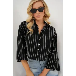 Çizgili Oversize Kısa Gömlek 20326 - Siyah