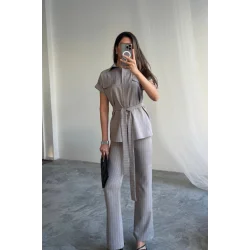 ÇİZGİLİ POLYVİSKON BLUZ - PANTOLON TAKIM - Gri