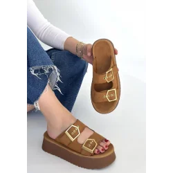 Coer Taba Süet Çift Tokalı Terlik