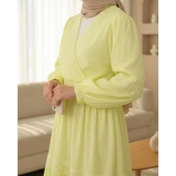 Dantel Detaylı Bağlamalı Kolu Lastikli Kraş Etekli Takım  -Açık Sarı