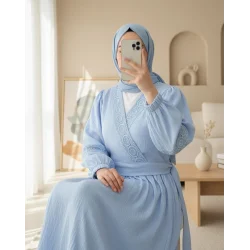 Dantel Detaylı Bağlamalı Kolu Lastikli Kraş Etekli Takım  -Bebe Mavi