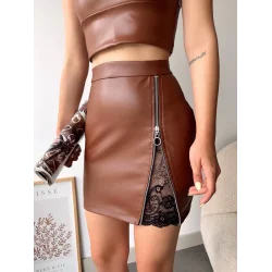Dantelli fermuarlı deri etek kahve w24598