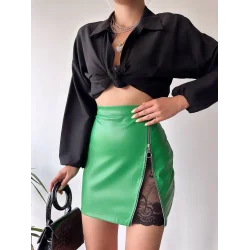 Dantelli fermuarlı deri etek yeşil w24598