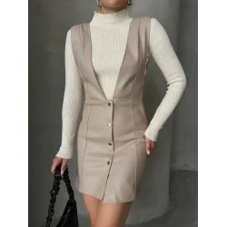 Deri jile elbise bej w24796