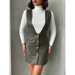 Deri jile elbise haki w24796