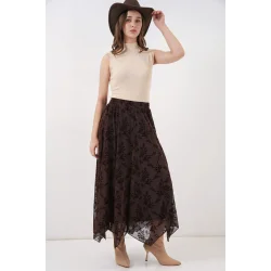 Desenli Astarlı Etek 8059 - Kahverengi