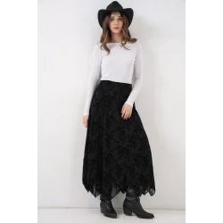 Desenli Astarlı Etek 8059 - Siyah