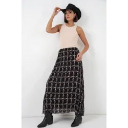 Desenli Astarlı Şifon Etek 8058 - Siyah