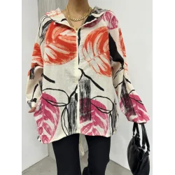 Desenli Fermuarlı Sabit Kapşonlu Keten Ceket -Turuncu