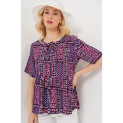 Desenli Kısa Kol Bluz 969 - Bordo