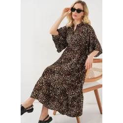 Desenli Kısa Kol Elbise 2562 - C. Kahverengi