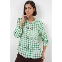 Desenli Oversize Viskon Gömlek 20371 - Yeşil