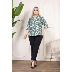 Desenli Püsküllü Viskon Bluz Bebe Yaka Kısa Kollu Big Size Rahat Kesim - Desenli