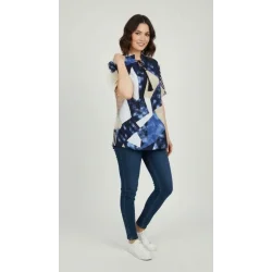 Desenli Püsküllü Viskon Bluz Bebe Yaka Kısa Kollu Big Size Rahat Kesim - Desenli