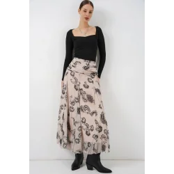 Desenli Şifon Etek 8057 - Krem