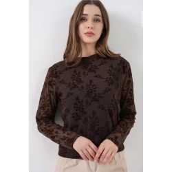Desenli Uzun Kol Bluz 983 - Kahverengi