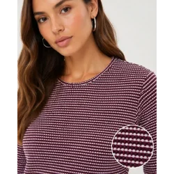 Dokulu Çizgili Uzun Kollu Tişört Oval Kesim Basic Rahat Kalıp Bluz - Bordo