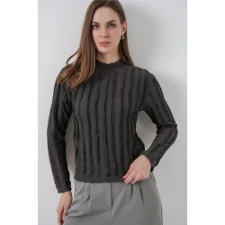 Dokulu Esnek Örme Bluz 975 - Antrasit