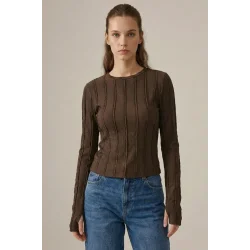 Dokulu Örme Bluz 980 - Kahverengi