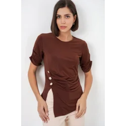 Düğme Detaylı Sandy Bluz 992 - Kahverengi