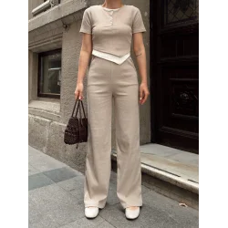 Düğme yakalı bej alt üst takım s3943