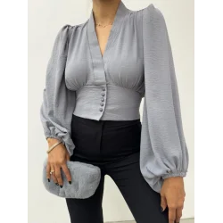 Düğmeli Arkası Lastikli Balon Kol Sandy Crop    -Gri