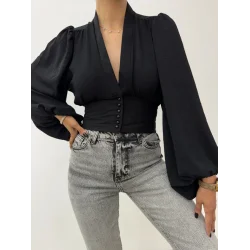 Düğmeli Arkası Lastikli Balon Kol Sandy Crop -Siyah