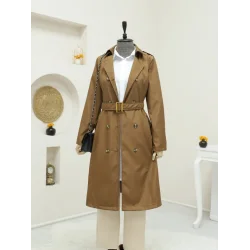 Düğmeli Kemerli Ara Boy Trençkot -Taba