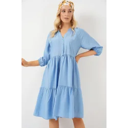 Düğmeli Kısa Kol Elbise 2559 - İndigo