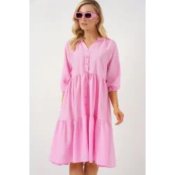 Düğmeli Kısa Kol Elbise 2559 - Pembe