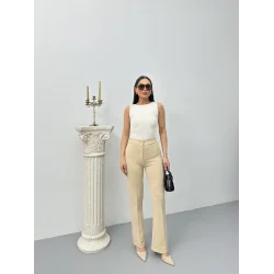 Düğmeli Palazzo pantolon bej p170091