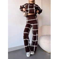 Ekoseli triko takım kahvebeyaz