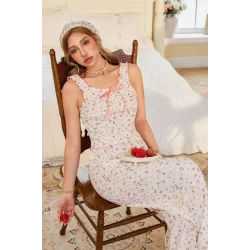 Ekru Vintage Model Çiçek Desenli Naif Pijama Takımı 7323