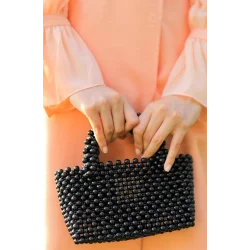 El yapımı incili yuvarlak kol çanta siyah