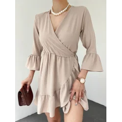 Eteği Ve Kolları Fırfırlı Beli Lastikli Ayrobin Elbise  -Açık Vizon