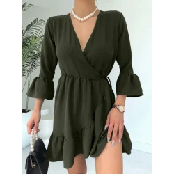 Eteği Ve Kolları Fırfırlı Beli Lastikli Ayrobin Elbise -Haki