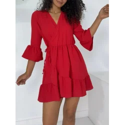 Eteği Ve Kolları Fırfırlı Beli Lastikli Ayrobin Elbise  -Kırmızı