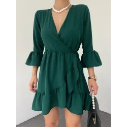 Eteği Ve Kolları Fırfırlı Beli Lastikli Ayrobin Elbise  -Zümrüt