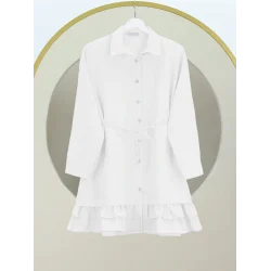 Etek Ucu Katlı Fırfırlı Düğmeli Poplin Gömlek Tunik -Beyaz