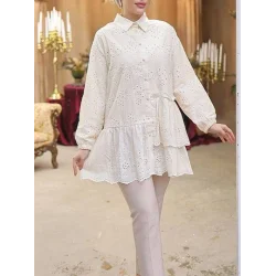 Fırfır Ve Fisto Detaylı İnci Düğmeli Gömlek -Bej