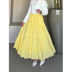 Fisto İşlemeli Katlamalı Etek -Sarı
