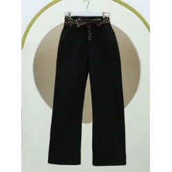 Fular Detaylı Palazzo Kot Pantolon -Siyah