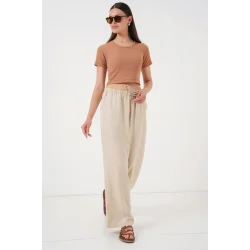 Geniş Paça Keten Pantolon 6735 - Krem