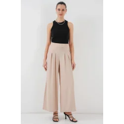 Geniş Paça Pileli Pantolon 6718 - Krem