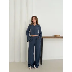 Gömlek yaka kaplama düğmeli takım lacivert st265866