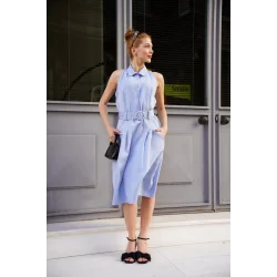 Gömlek yaka kemerli elbise mavi s255061