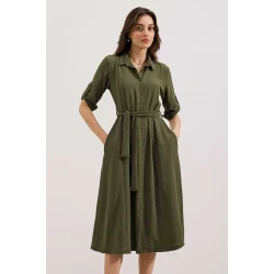 Haki Kuşaklı Gömlek Elbise 2442